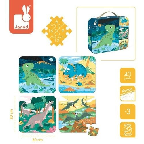 JANOD Puzzle progresywne w walizce Dinozaury 4 układanki – 6, 9, 12 i 16 elementów 3+ JANOD Puzzle progresywne w walizce Dinozaury 4 układanki – 6, 9, 12 i 16 elementów 3+