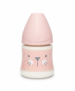 SUAVINEX BUTELKA HYGGE 150ML KOTEK RÓŻOWY Smoczek okrągły o wolnym przepływie