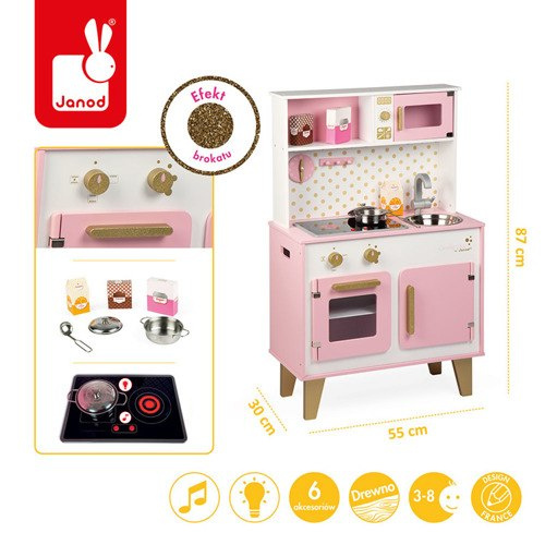 JANOD Duża kuchnia drewniana z dźwiękiem i 6 akcesoriami Candy Chic JANOD Duża kuchnia drewniana z dźwiękiem i 6 akcesoriami Candy Chic