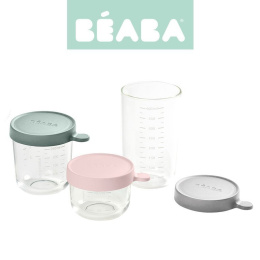 Beaba Zestaw pojemników słoiczków szklanych z hermetycznym zamknięciem 150 + 250 + 400 ml pink, eucalyptus green i light mist