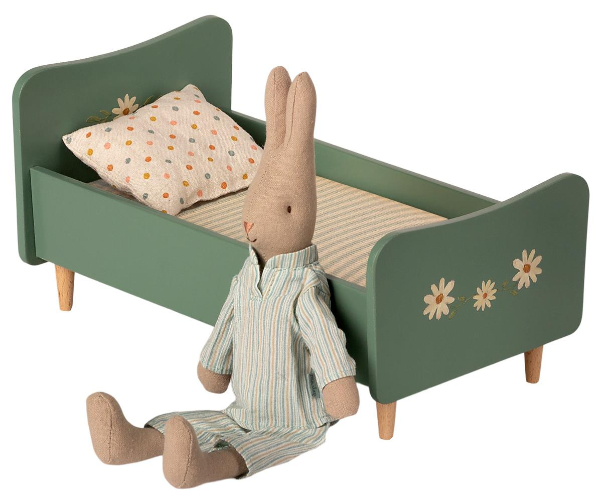 MAILEG Drewniane łóżko mini miętowe, Wooden bed, Mini - Mint blue