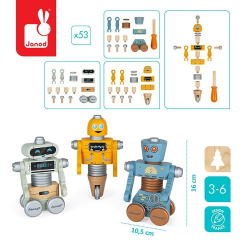 Janod Drewniane roboty do składania ze śrubokrętem Brico'kids Janod Drewniane roboty do składania ze śrubokrętem Brico'kids