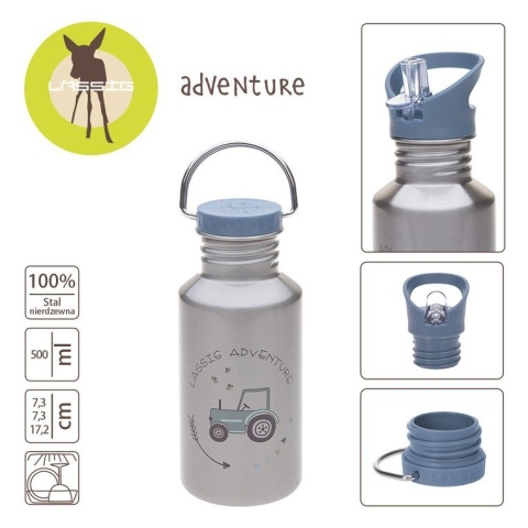 Lassig Butelka - bidon ze stali nierdzewnej z dodatkową zakrętką z ustnikiem 500 ml Adventure Traktor
