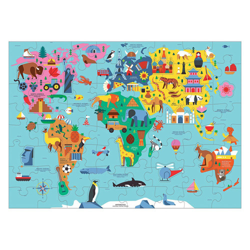 Mudpuppy Puzzle Mapa Świata z elementami w kształcie budynków i zwierząt 5+