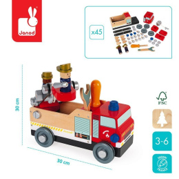 JANOD Drewniany wóz strażacki do składania z narzędziami Brico'kids