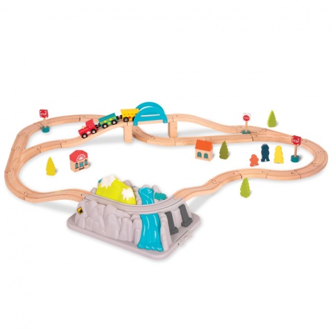 B.Toys Wood & Wheels Wooden Train Set in a Bucket – górska kolejka
