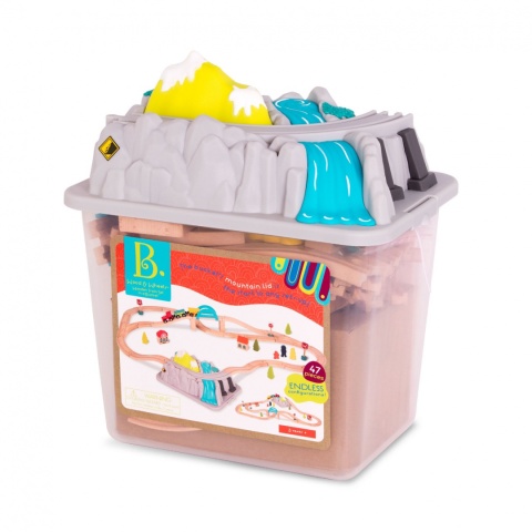B.Toys Wood & Wheels Wooden Train Set in a Bucket – górska kolejka