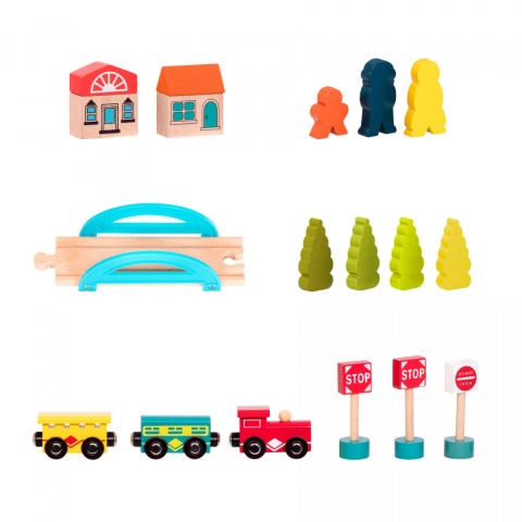 B.Toys Wood & Wheels Wooden Train Set in a Bucket – górska kolejka