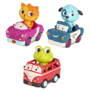 3 miękkie autka sensoryczne B.Toys Light Up Cars z wesołymi pasażerami