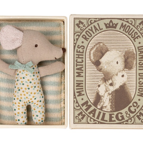 MAILEG Sleepy/wakey baby mouse in matchbox - Blue