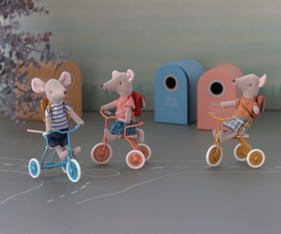 MAILEG Myszka - Tricycle mouse, Big sister with bag - Old rose