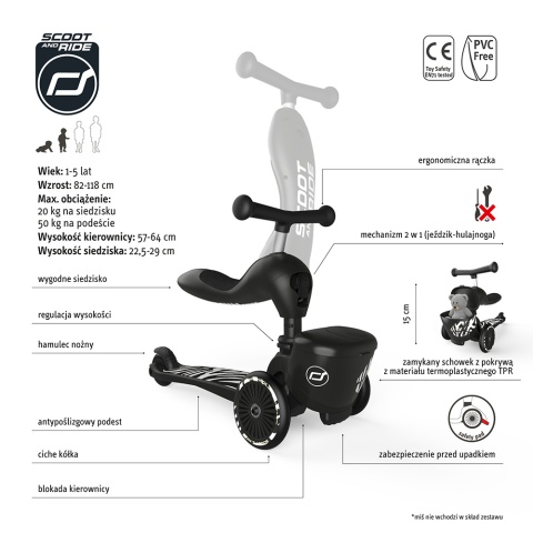 SCOOTANDRIDE Highwaykick 1 Lifestyle 2w1 Jeździk i hulajnoga z zamykanym schowkiem 1-5 lat Zebra