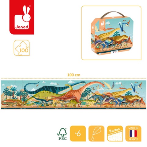 Janod Puzzle panoramiczne w walizce Dinozaury 100 elementów 6+ Made in France