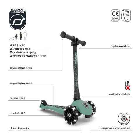 SCOOTANDRIDE Highwaykick 3 LED Hulajnoga składana ze świecącymi kółkami 3+ Forest SCOOTANDRIDE Highwaykick 3 LED Hulajnoga składana ze świecącymi kółkami 3+ Forest