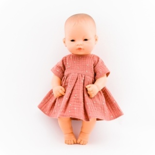 Przytullale Sukienka z muślinu dla lalki Miniland 32 cm, marsala złote kropki