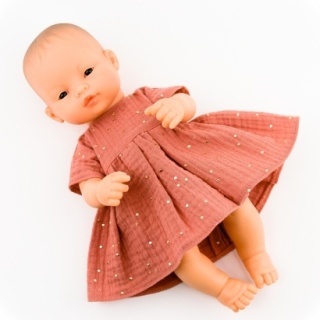 Przytullale Sukienka z muślinu dla lalki Miniland 32 cm, marsala złote kropki