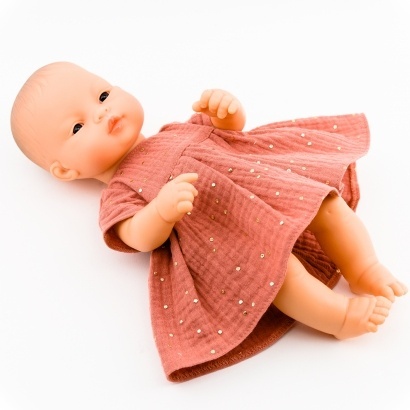 Przytullale Sukienka z muślinu dla lalki Miniland 32 cm, marsala złote kropki