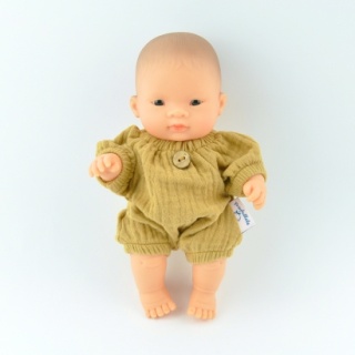 Przytullale Ubranko Baby Miniland 21 cm kombinezon musztardowy z muślinu