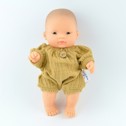 Przytullale Ubranko Baby Miniland 21 cm kombinezon musztardowy z muślinu