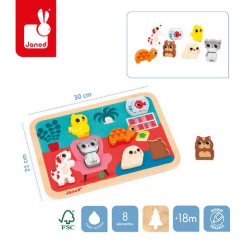JANOD Puzzle drewniane 3D Zwierzęta domowe 7 el.,18 m+