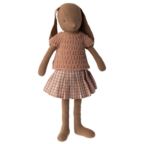 Maileg Króliczek - Bunny size 3, Chocolate brown, Knitted shirt and skirt