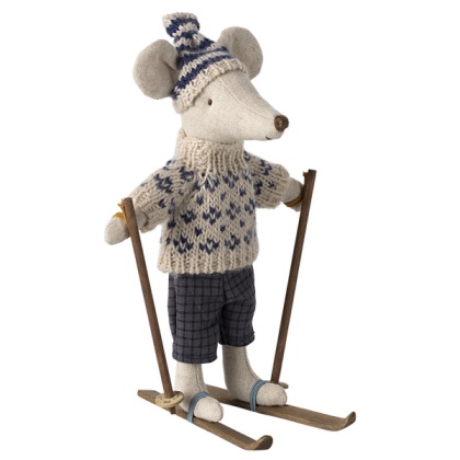 Myszka Maileg - Winter mouse with ski set - Zimowy zestaw z tatą - niebieski
