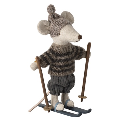 Myszka Maileg - Winter mouse with ski set - Zestaw zimowy ze starszym bratem - szary