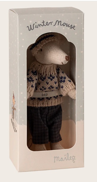 Myszka Maileg - Winter mouse with ski set - Zimowy zestaw z tatą - niebieski
