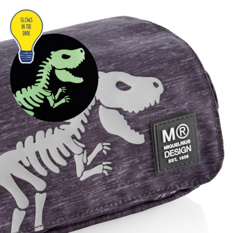 Świecący w ciemności piórnik szkolny z klapką dinozaur Apli Miquelrius z bliska