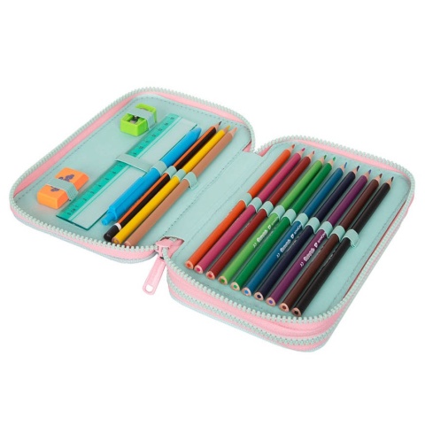 Podwójny pórnik szkolny z wyposażeniem Coolpack Jumper 2 Gradient Strawberry - przybory w środku