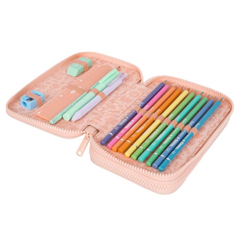 Brzoskwiniowy piórnik szkolny podwójny z wyposażeniem Coolpack Jumper 2 Peach w środku