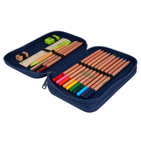 Granatowy piórnik szkolny podwójny z wyposażeniem Coolpack Jumper 2 - przybory w środku