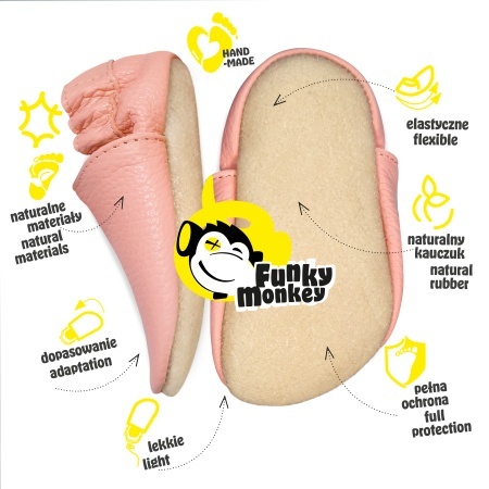 Paputki skórzane z kauczukową podeszwą - Lama - róż z beżem