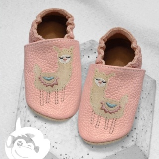 Paputki skórzane z kauczukową podeszwą - Lama - róż z beżem