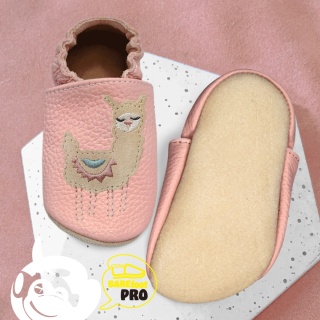 Paputki skórzane z kauczukową podeszwą - Lama - róż z beżem