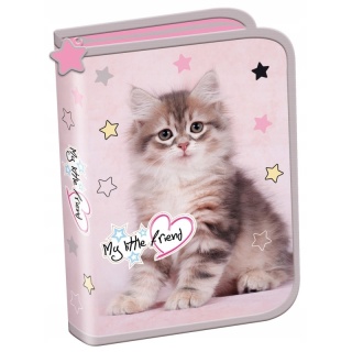 Rozkładany piórnik jednokomorowy z szarym kotem St.Majewski