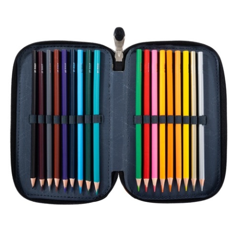 Trzykomorowy piórnik szkolny z wyposażeniem K-Pop Lover St.Right - kredki