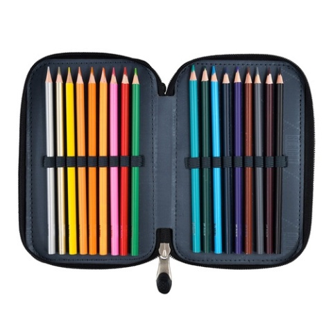 Trzykomorowy piórnik szkolny z wyposażeniem dla gracza St.Right - kredki