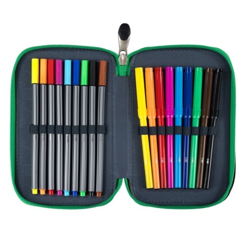 Trzykomorowy piórnik szkolny z wyposażeniem dla gracza St.Right - pisaki