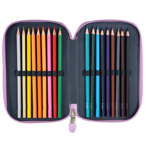 Trzykomorowy piórnik szkolny z wyposażeniem w motyle St.Right - kredki