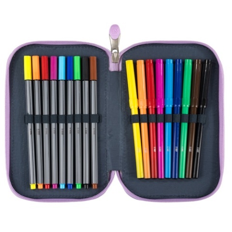 Trzykomorowy piórnik szkolny z wyposażeniem w motyle St.Right - pisaki