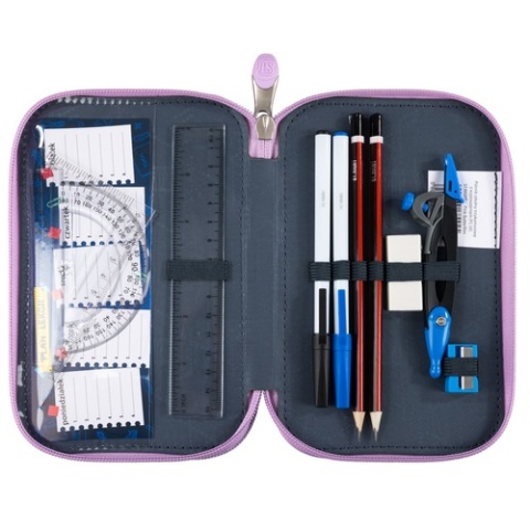 Trzykomorowy piórnik szkolny z wyposażeniem w motyle St.Right - przybory w środku