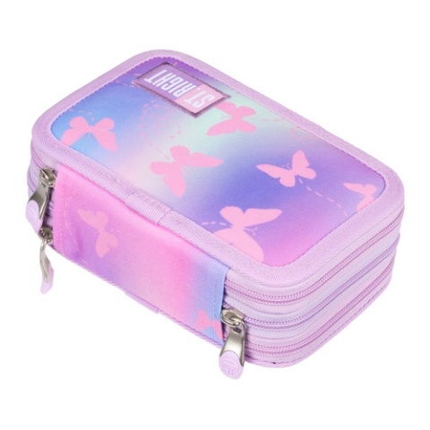 Trzykomorowy piórnik szkolny z wyposażeniem w motyle St.Right