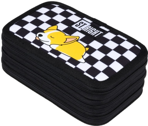 Trzykomorowy piórnik szkolny z wyposażeniem w szachownicę z pieskiem Sleepy Corgi St.Right