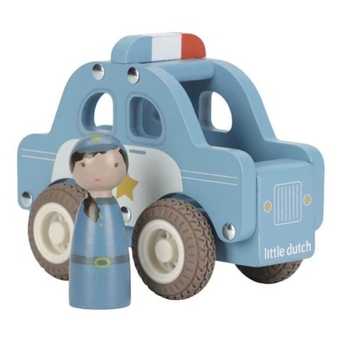 Drewniany samochod policjny Little Dutch z drewnianym policjantem na zewnątrz