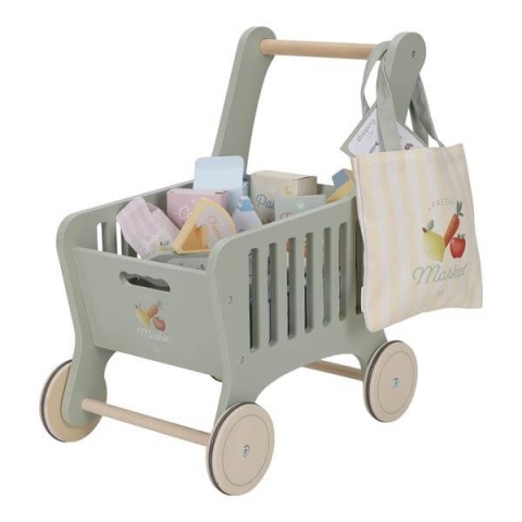 drewniany wózek sklepowy z produktami little dutch przód