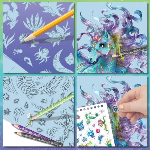 Duży szkicownik z kredkami, szablonami i naklejkami - Nebulous Stars - Konie Ariaz i Joyiaz - rozm. L naklejki