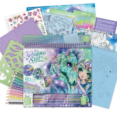 Duży szkicownik z kredkami, szablonami i naklejkami - Nebulous Stars - Konie Ariaz i Joyiaz - rozm. L odrysowywanie