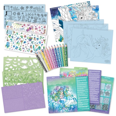 Duży szkicownik z kredkami, szablonami i naklejkami - Nebulous Stars - Konie Ariaz i Joyiaz - rozm. L elementy