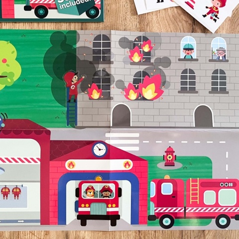 Naklejki wielokrotnego użytku z planszą Apli Kids - Remiza strażacka zawartość